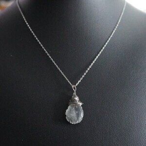 Clear Teardrop Pendant Necklace Silver Tone Wire Wrapped
